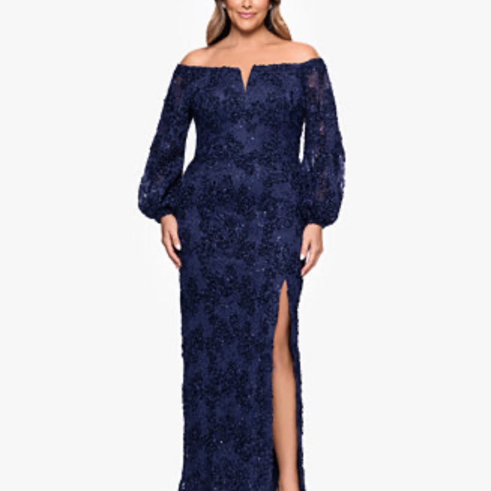 Xscape Navy Off-Shoulder Sequin Lace Gown